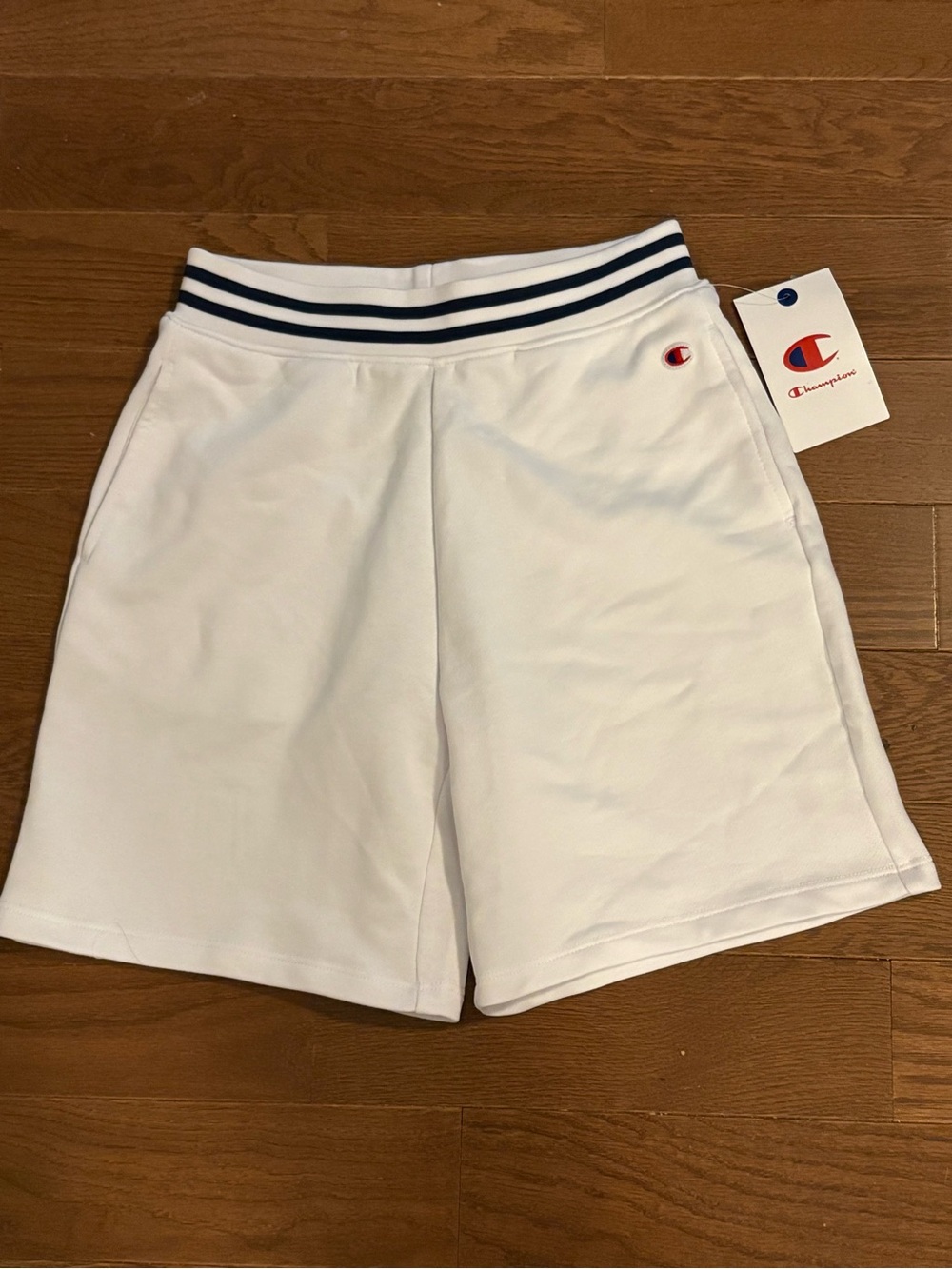 Champion White Shorts with Navy Stripe Waistband